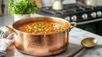Copper pot of hearty vegetable soup simmering on kitchen stove for a nutritious meal photo