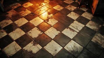 Worn checkerboard tile floor with warm light reflection and weathered texture photo