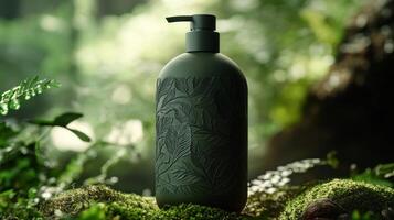 Eco-friendly green bottle with leaf pattern design in natural forest setting photo