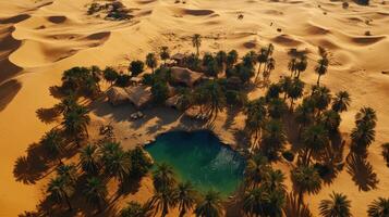 Aerial view of oasis surrounded by palm trees in expansive desert landscape photo