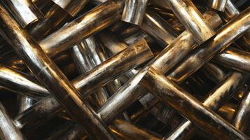 Pile of shiny metal pipes with industrial aesthetic and metallic texture photo