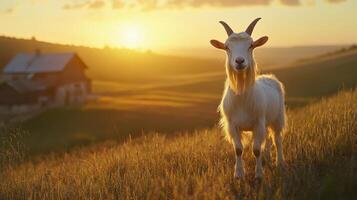 Idyllic farm scene with white goat in sunlit field during golden hour photo