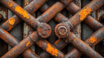 Rusty metal texture with crossed pipes and orange corrosion pattern photo