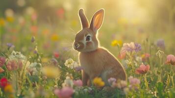 Adorable rabbit in a sunlit flower meadow capturing the essence of spring photo