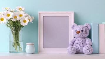 Knitted teddy bear and daisies with frame on shelf in cozy interior decor photo