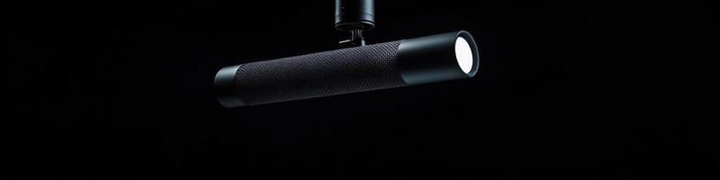 Cylindrical led spotlight hanging in dark interior setting for focused lighting photo