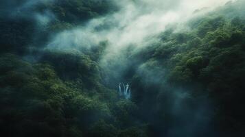 Mystical forest with waterfall shrouded in mist and lush greenery photo
