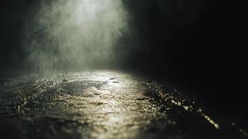 Mysterious misty atmosphere with light reflections on dark surface photo