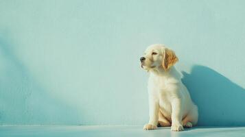 Golden retriever puppy sitting against light blue background in minimalist style photo