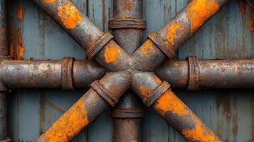 Rusty metal pipes forming an industrial junction with corrosion and texture photo