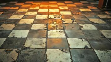Worn checkerboard tile floor with warm light reflection and weathered texture. photo