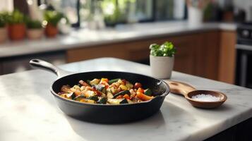 Freshly cooked vegetable medley in skillet on bright kitchen countertop photo