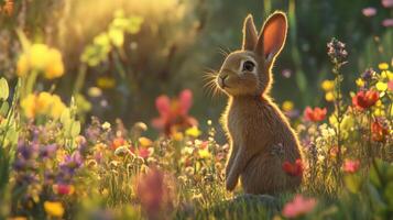Adorable rabbit in sunlit flower meadow capturing the essence of spring photo