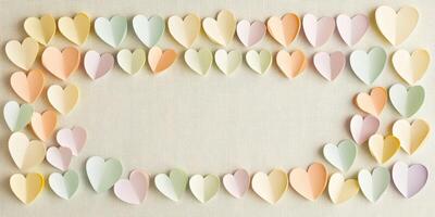 Pastel paper hearts in various soft colors forming a heart-shaped border on beige background photo