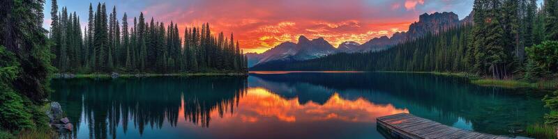 Spectacular sunset over lake with majestic mountain peaks and lush pine forest photo