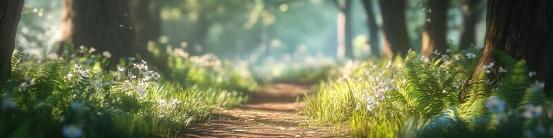 Sunlit forest pathway surrounded by greenery and blooming flowers photo