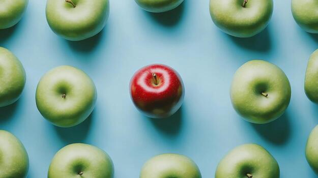Red apple stands out among green apples on a blue background conceptual image photo