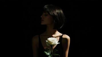 Mysterious woman in darkness holding a single white rose photo