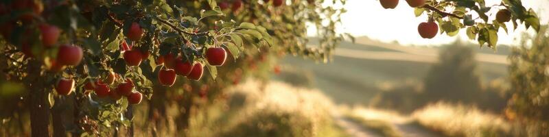 Sunlit apples hanging on tree branch amidst endless orchard landscape photo