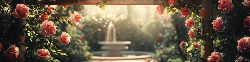Romantic garden with pink roses and fountain in sunlit setting photo