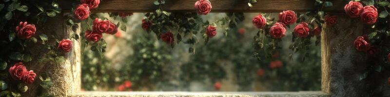 Beautiful red roses hanging from rustic wooden frame in lush garden setting photo