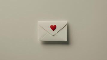 White envelope with red heart on light beige background symbolizing love and romance photo
