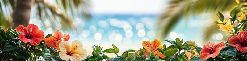 Tropical hibiscus flowers against ocean view with palm leaves photo
