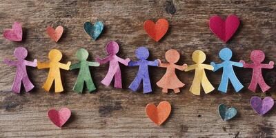 Colorful paper cutout people holding hands in a row on wooden surface photo