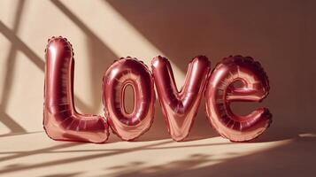 Metallic pink love balloons on neutral background for romance and celebration themes photo