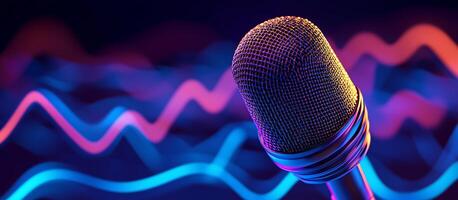 a microphone is shown in front of a colorful background photo
