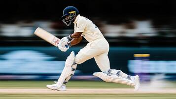 Dynamic and powerful image of cricket in motion on filed, player with full energy photo