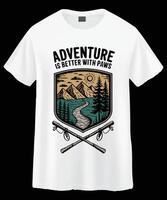 White T-shirt Featuring a Graphic of Mountains, a River, and the Text Adventure is Better with Paws vector
