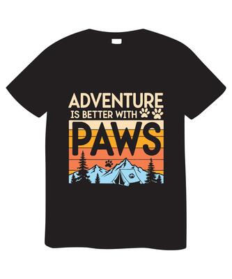 Black t-shirt featuring a vintage-style graphic of mountains, a tent, and the text Adventure Is Better With Paws