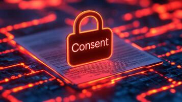 3D illustration of a lock with the word consent placed on a document surrounded with data photo