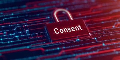 A 3D lock symbol with the word consent against digital background photo