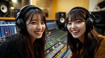 two young korean women host of a radio show sitting at radio station wearing headphones photo