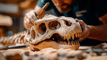 A close-up of a paleontologist uncovering a massive dinosaur skull fossil, carefully brushing away dirt and dust photo