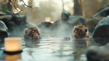 Japanese hot spring with monkeys relaxing side by side in the steaming water photo