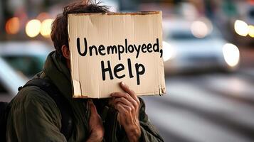 homeless man standing at a busy intersection holding a sign that reads Unemployed, Need Help photo