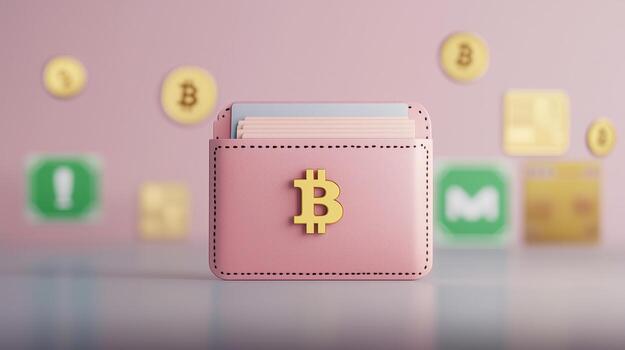3d representación de un billetera con bitcoin firmar en pastel color antecedentes foto