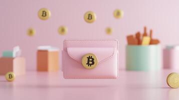 bitcoin wallet with coins on pink background 3d render photo
