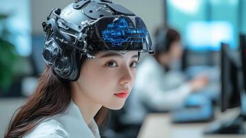 a woman wearing a helmet with a computer screen on it photo