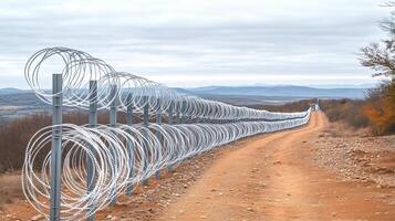 A long, imposing border fence stretching across a rugged landscape, with barbed wire on top and tall metal posts anchored into the ground photo