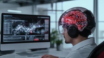 An office worker wearing a mechanical helmet controlled by AI, sitting and working at a computer desk photo