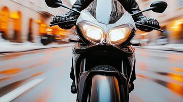 front of a motorcycle driving smoothly creating a dynamic motion blur effect photo