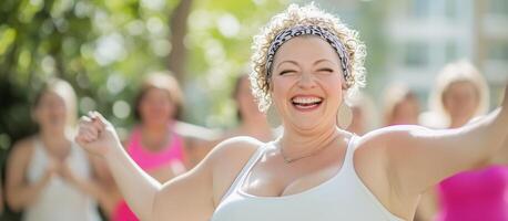a woman is smiling while others are in the background photo