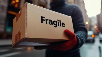 moving service worker carrying a box labeled Fragile photo