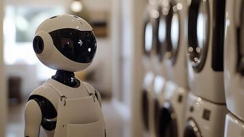 A friendly-looking humanoid home assistant robot standing in a utility laundry room photo