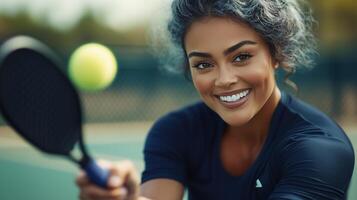 a woman is smiling while holding a tennis racket photo