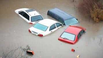 a group of cars in a flooded area photo